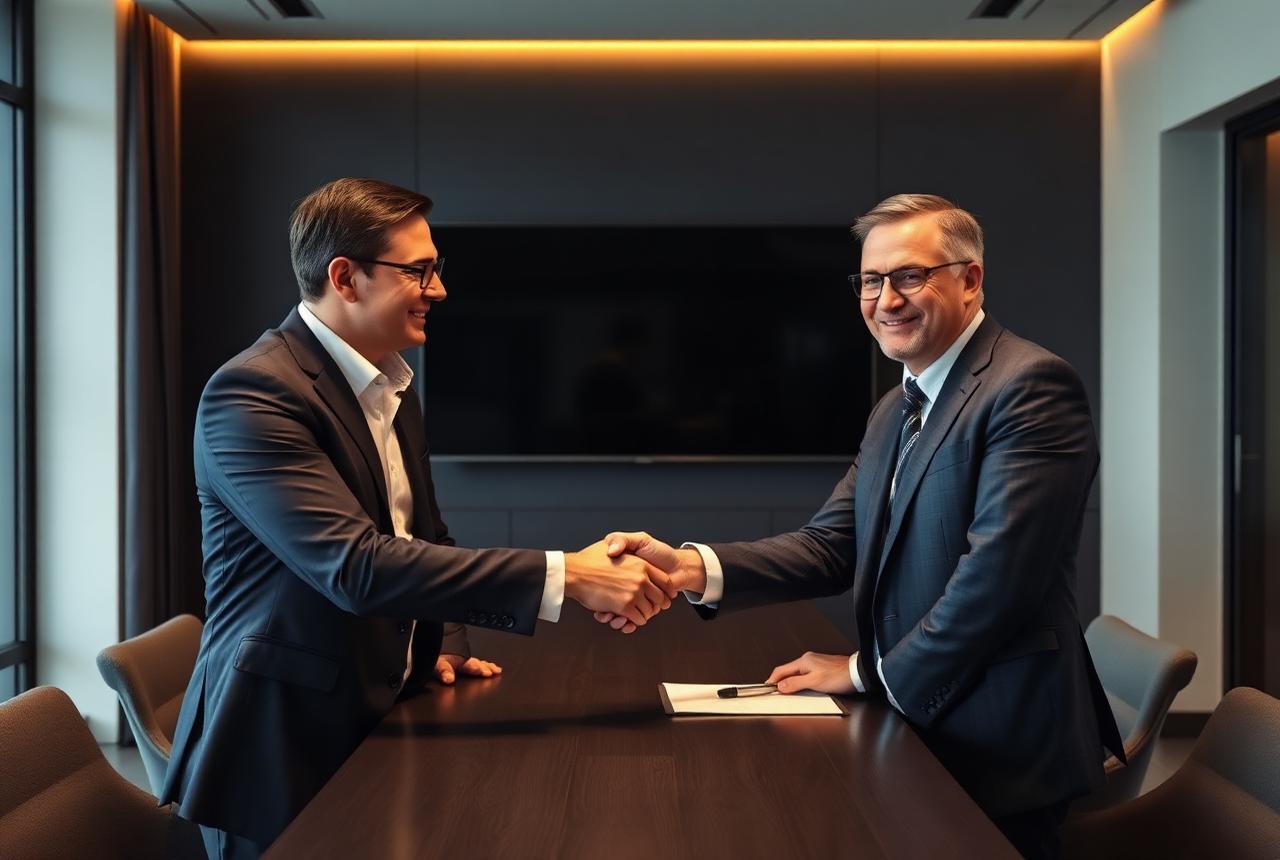 Two executives shaking hands after agreeing an offer