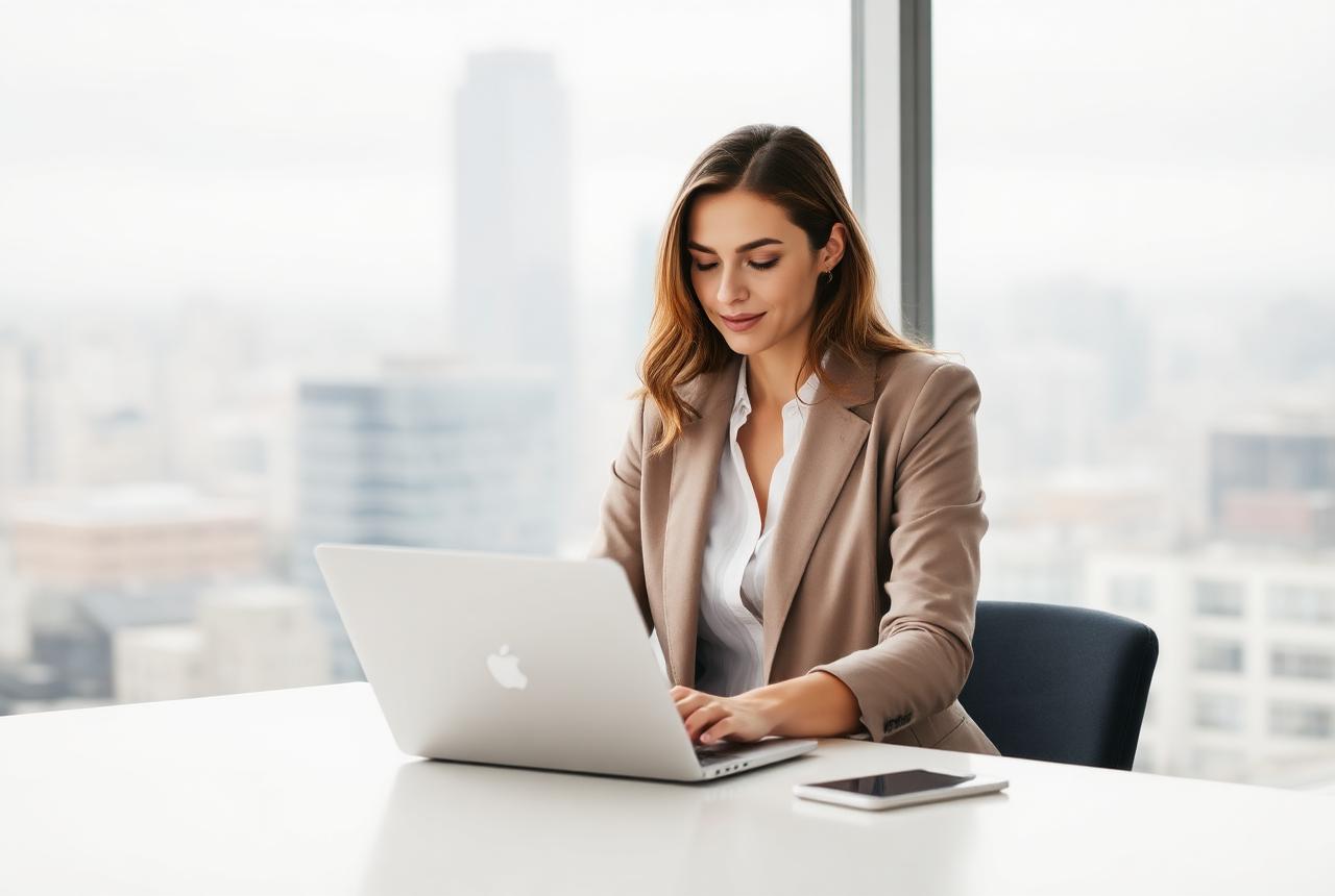 Professional working remotely at a desk overlooking a city